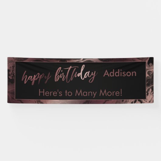 Modern Roos Gold & Black Marbled Happy Birthday Spandoek (Horizontaal)