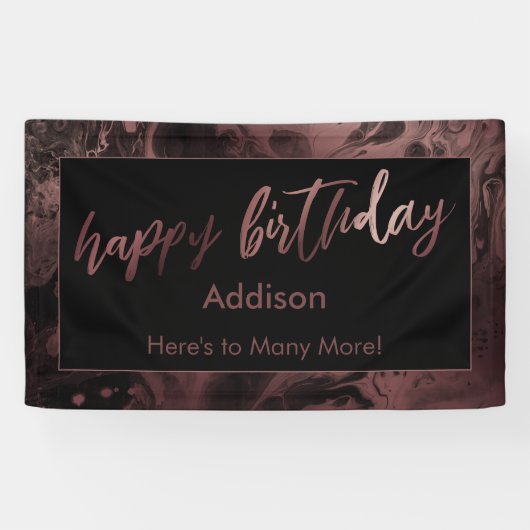 Modern Roos Gold & Black Marbled Happy Birthday Spandoek (Horizontaal)