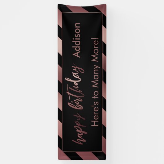 Modern Roos Gold & Black Stripes Happy Birthday Spandoek (Verticaal)