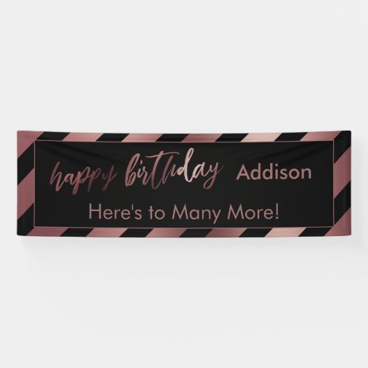 Modern Roos Gold & Black Stripes Happy Birthday Spandoek (Horizontaal)