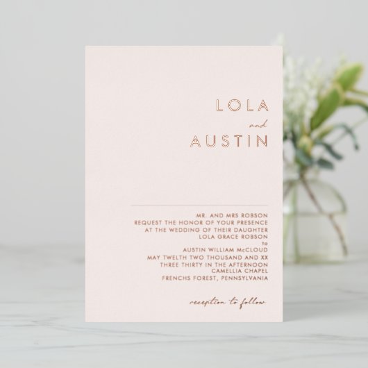 Modern | Roos Gold Blush Traditional Wedding Real Folie Uitnodiging (Staand Voorkant)