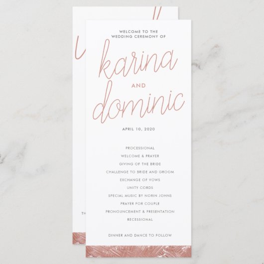 Modern Roos Gold Brush Stroke Wedding Programme Programmakaart (Voorkant / Achterkant)