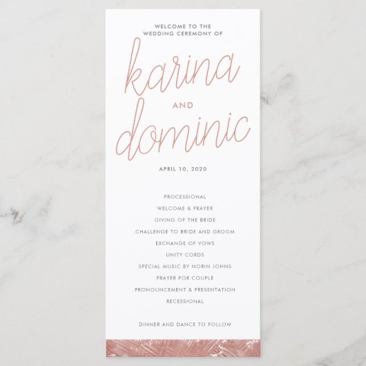 Modern Roos Gold Brush Stroke Wedding Programme Programmakaart (Voorkant)