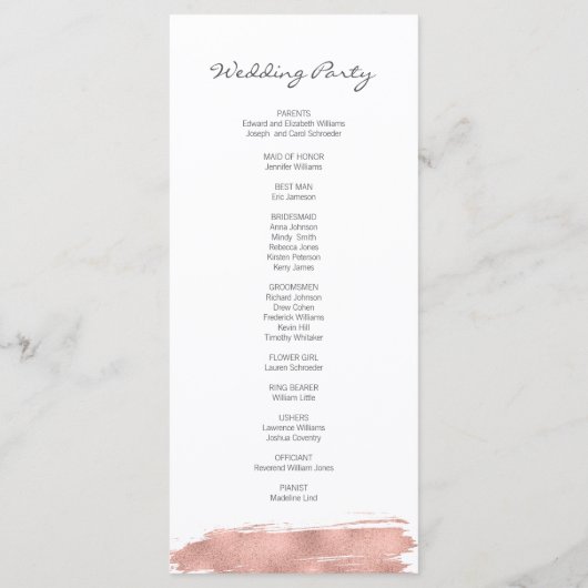Modern Roos Gold Brushstroke Wedding Programme Programmakaart (Achterkant)