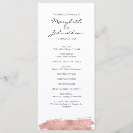 Modern Roos Gold Brushstroke Wedding Programme Programmakaart (Voorkant)