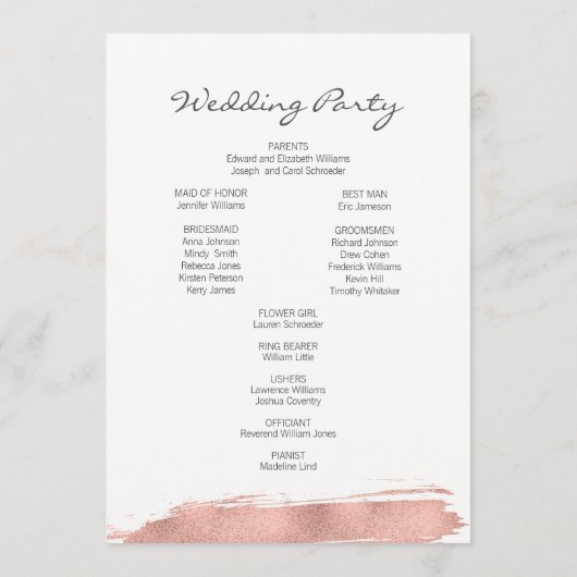 Modern Roos Gold Brushstroke Wedding Programme Programmakaart (Achterkant)