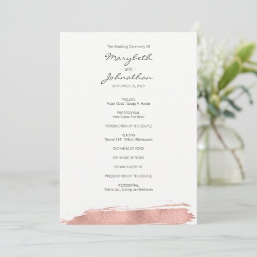 Modern Roos Gold Brushstroke Wedding Programme Programmakaart (Staand voorkant)