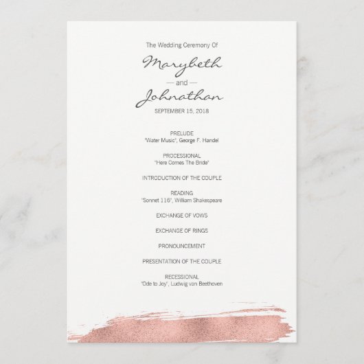 Modern Roos Gold Brushstroke Wedding Programme Programmakaart (Voorkant)