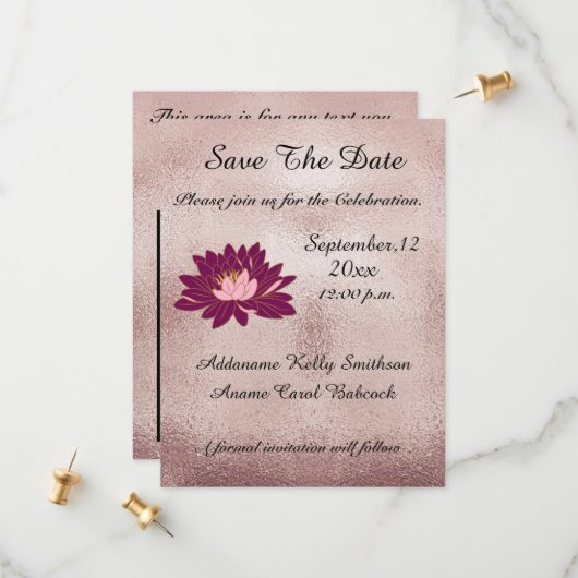 Modern Roos Gold Burgundy Floral Elegant Save The Date (Voorkant / Achterkant in situ)