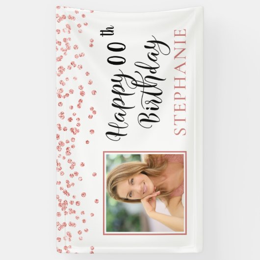Modern Roos Gold Confetti ANY AGE Verjaardagsfoto Spandoek (Verticaal)