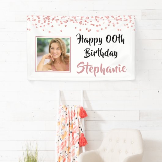 Modern Roos Gold Confetti Any Age Verjaardagsfoto Spandoek