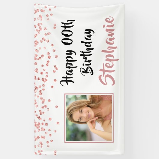 Modern Roos Gold Confetti Any Age Verjaardagsfoto Spandoek