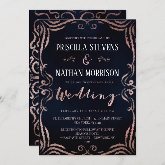 Modern  Roos Gold Decorative Scroll Wedding Kaart (Voorkant / Achterkant)