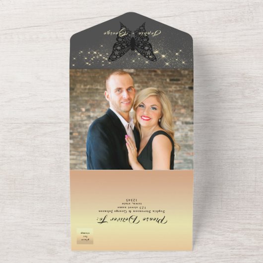 Modern Roos Gold en Black Wedding All In One Uitnodiging (Buitenkant)