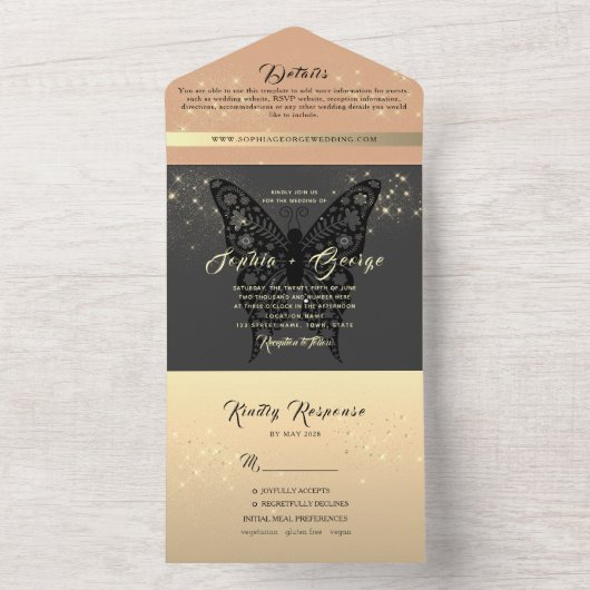 Modern Roos Gold en Black Wedding All In One Uitnodiging (Binnen)
