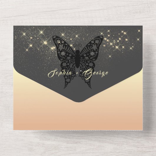 Modern Roos Gold en Black Wedding All In One Uitnodiging (Achterkant)