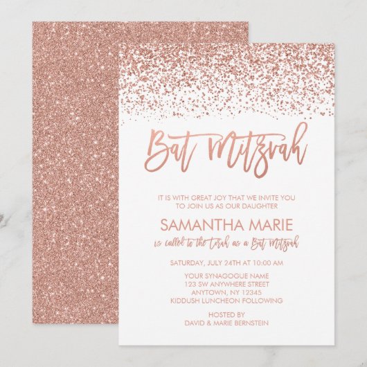 Modern Roos Gold Faux Glitter Bat Mitzvah Kaart (Voorkant / Achterkant)