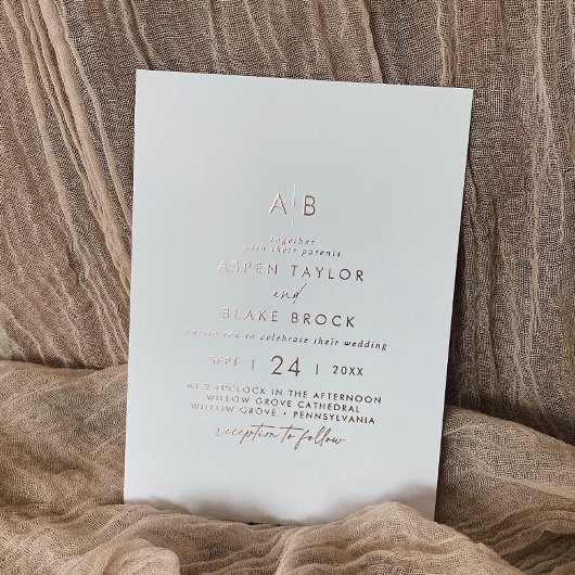 Modern Roos Gold Foil Script Monogram Weddenschap Folie Uitnodiging