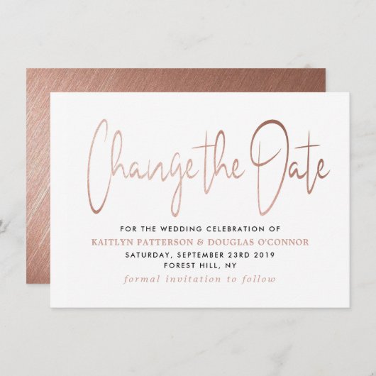 Modern roos Gold folie Script Verander de datum Save The Date (Voorkant / Achterkant)