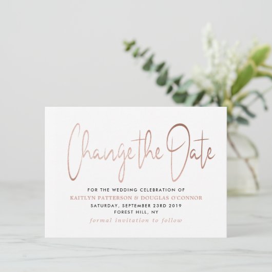 Modern roos Gold folie Script Verander de datum Save The Date (Staand voorkant)