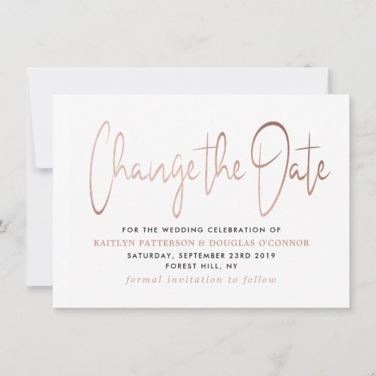Modern roos Gold folie Script Verander de datum Save The Date (Voorkant)