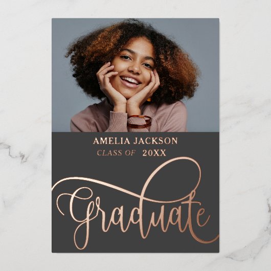 Modern Roos Gold fotocollage Afstuderen Folie Uitnodiging (Voorkant)