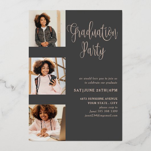 Modern Roos Gold fotocollage Afstuderen Folie Uitnodiging (Achterkant)