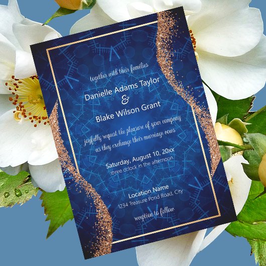Modern Roos Gold Glitter, Blue Mandala Wedding Kaart
