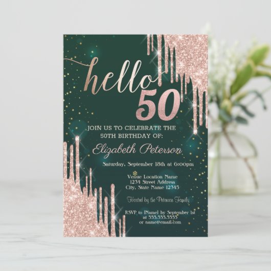 Modern Roos Gold Glitter Drips Groen 50ste Verjaar Kaart (Staand voorkant)