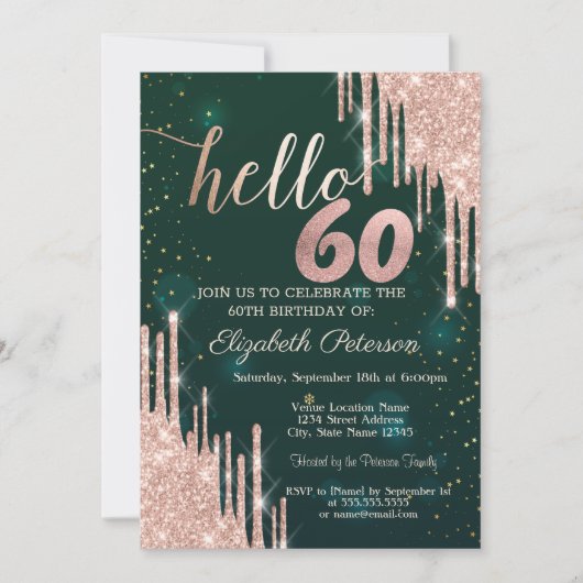Modern Roos Gold Glitter Drips Groen 60ste Verjaar Kaart (Voorkant)