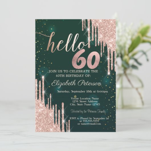 Modern Roos Gold Glitter Drips Groen 60ste Verjaar Kaart (Staand voorkant)