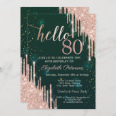 Modern Roos Gold Glitter Drips Groen 80ste Verjaar Kaart (Voorkant / Achterkant)