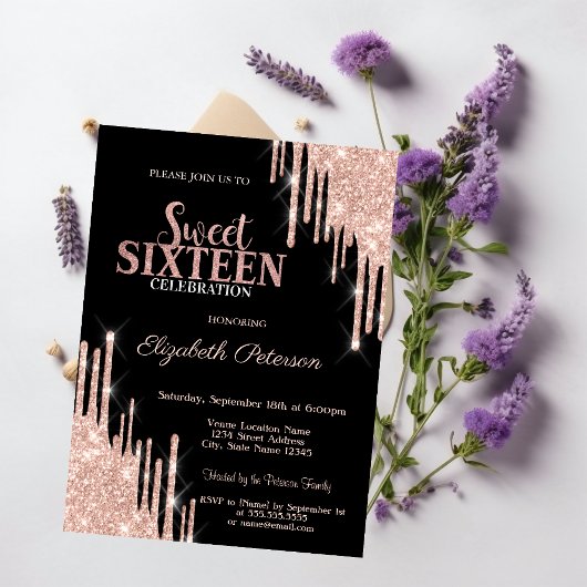 Modern Roos Gold Glitter Drips Zwart Sweet 16 Kaart