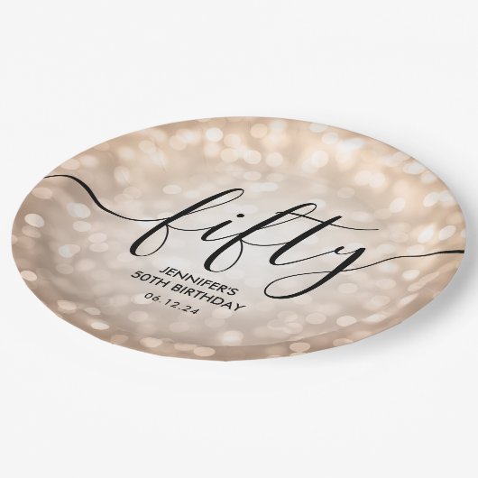 Modern Roos Gold Glitter Lights 50e Verjaardag Papieren Bordje (Gekanteld)