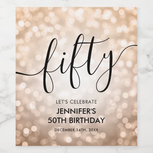 Modern Roos Gold Glitter Lights 50e Verjaardag Wijn Etiket (Enkel label)