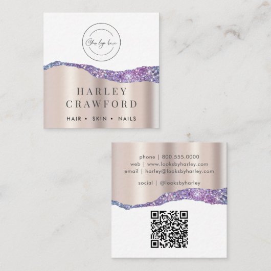 Modern Roos Gold Glitter Logo QR-code Vierkante Visitekaartje (Voorkant / Achterkant)