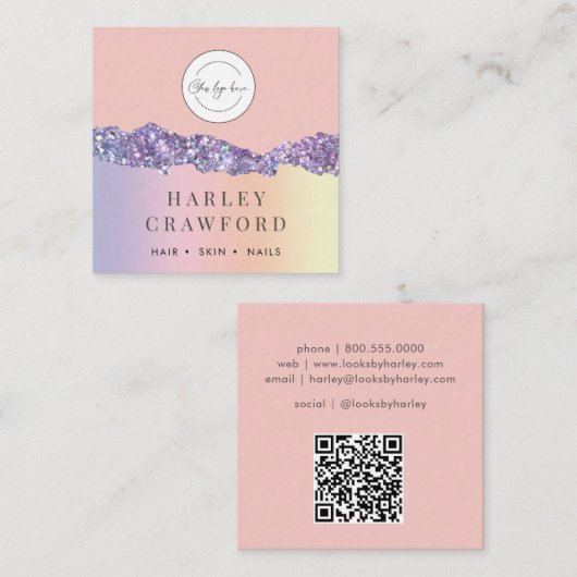 Modern Roos Gold Glitter Logo QR-code Vierkante Visitekaartje (Voorkant / Achterkant)