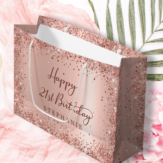 Modern Roos Gold Glitter Monogram 21e Verjaardag Groot Cadeauzakje