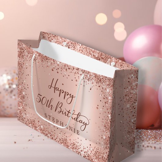 Modern Roos Gold Glitter Monogram 50e Verjaardag Groot Cadeauzakje