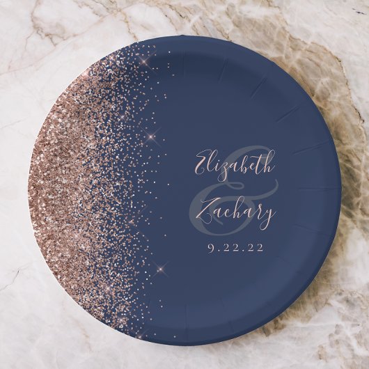 Modern Roos Gold Glitter Navy Blue Wedding Papieren Bordje