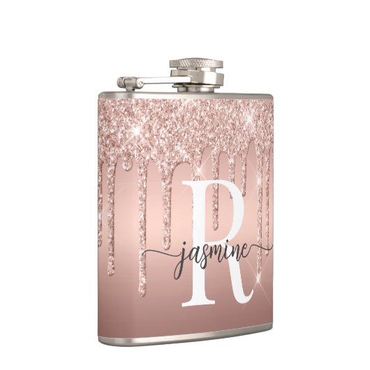 Modern Roos Gold Glitter Ombre Metal Monogram Heupfles (Rechts)