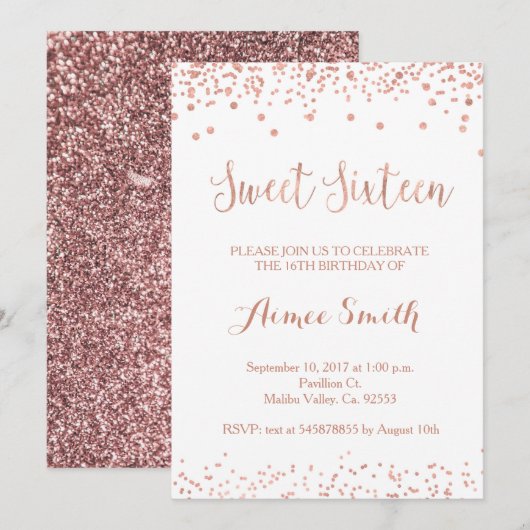 Modern Roos Gold Glitter Sweet 16 Birthday Kaart (Voorkant / Achterkant)