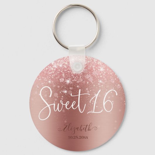 Modern Roos Gold Glitter Sweet 16 Sleutelhanger (Voorkant)