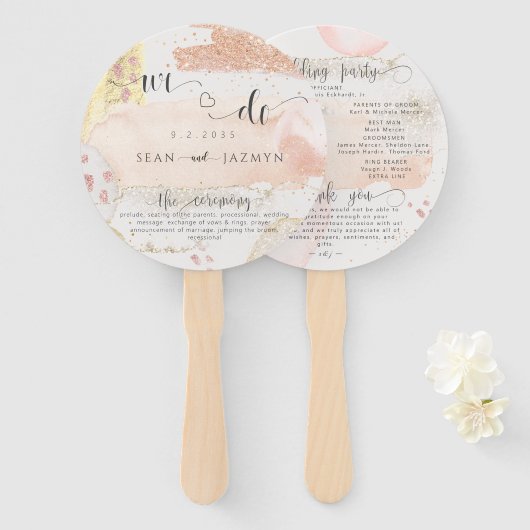 Modern Roos Gold Glitter Wedding Program Handje Fa Handwaaier (Voorkant en achterkant)