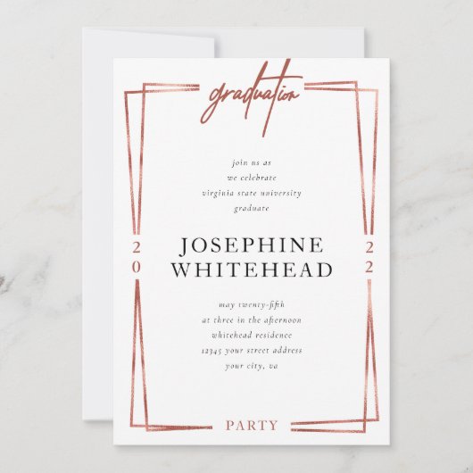 Modern Roos Gold Graduation Party Kaart (Voorkant)