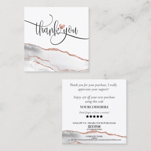 Modern roos Gold Heart Bedankt voor uw bestelling Vierkante Visitekaartje (Voorkant / Achterkant)