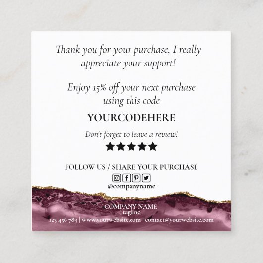 Modern roos Gold Heart Bedankt voor uw bestelling Vierkante Visitekaartje (Achterkant)