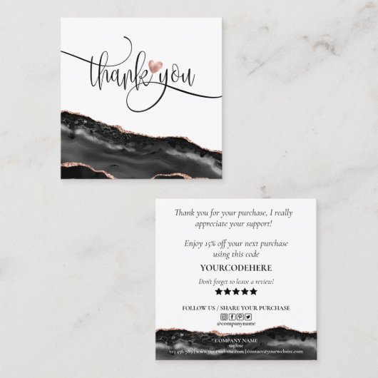 Modern roos Gold Heart Bedankt voor uw bestelling Vierkante Visitekaartje (Voorkant / Achterkant)