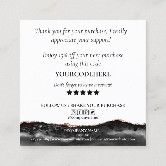 Modern roos Gold Heart Bedankt voor uw bestelling Vierkante Visitekaartje (Achterkant)