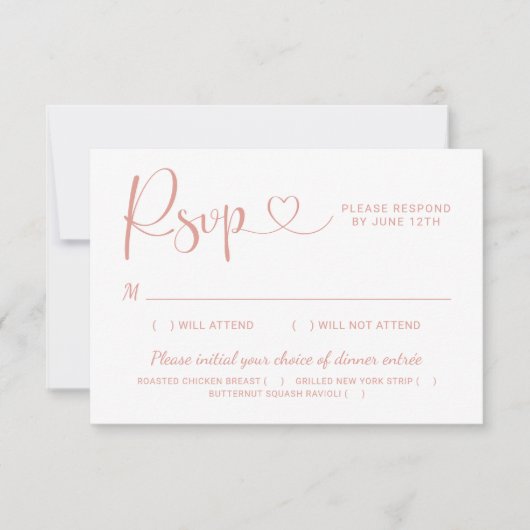 Modern Roos Gold Heart Calligraphy Script Wedding RSVP Kaartje (Voorkant)